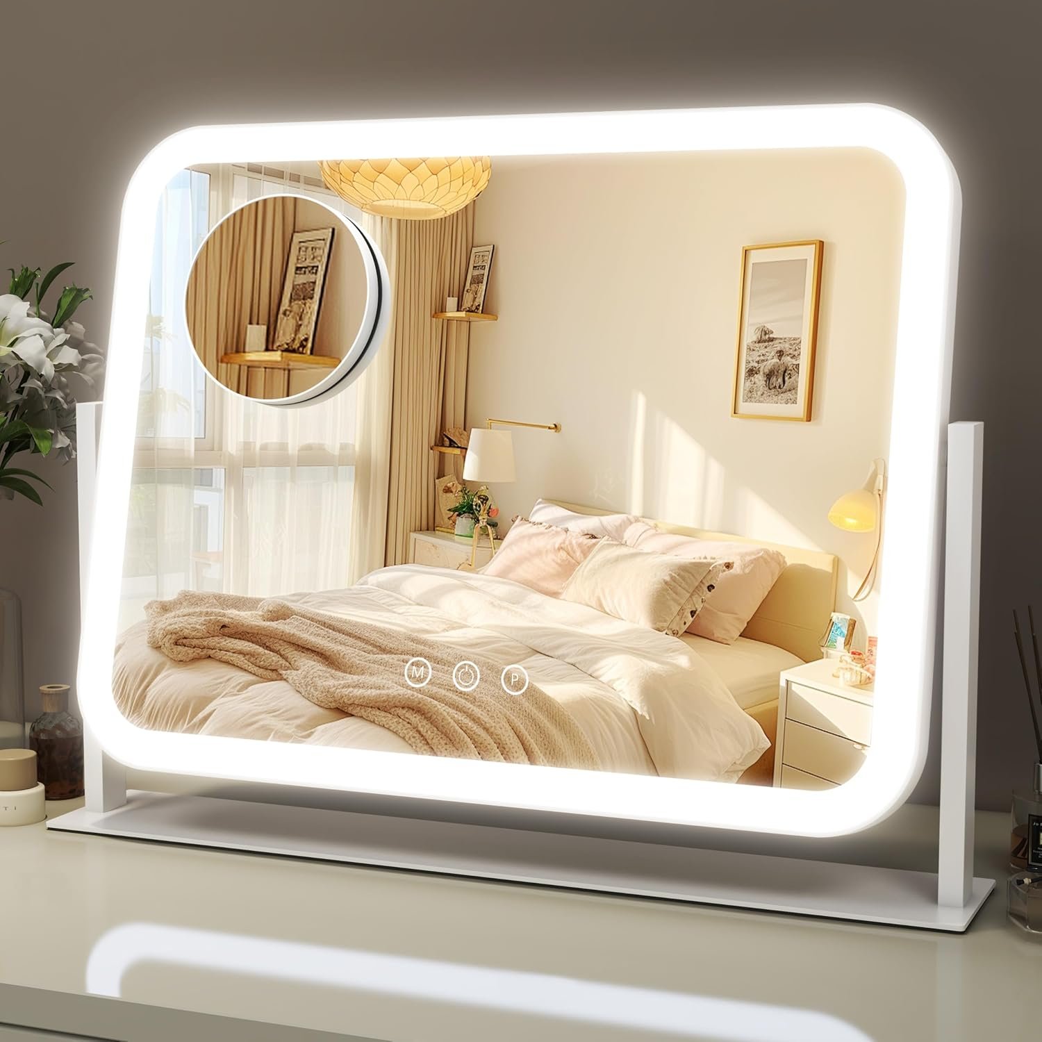 ROLOVE Lighted Makeup Mirror, 17″x13″ Vanity Mirror with Lights, 10X Magnification, Gifts for Women, 3 Color Lighting Modes, Smart Touch Control, 360° Rotation for Bedroom or Tabletop (White)
