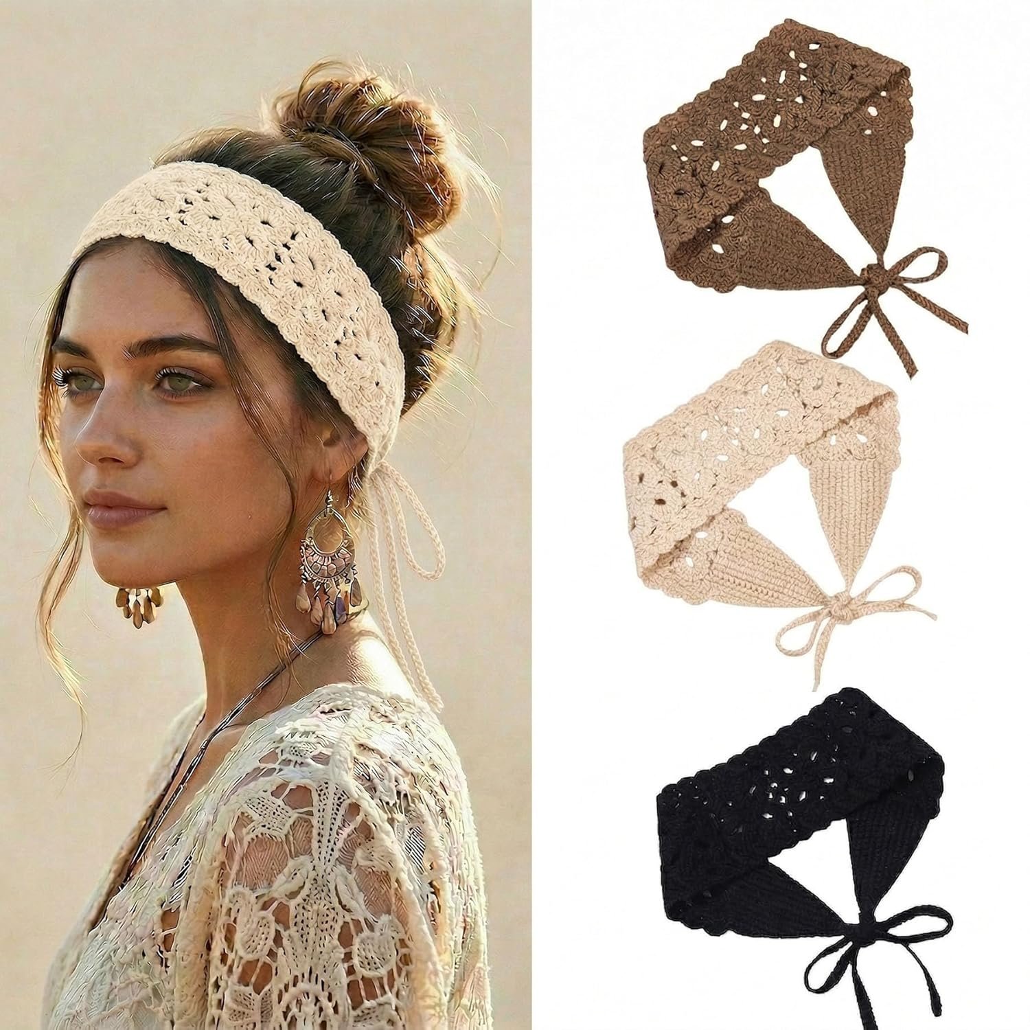 3Pcs Boho Headbands for Women Bandana Crochet Knit Hair Band Headband Hair Scarf Head Bands for Women’s Hair (A3)