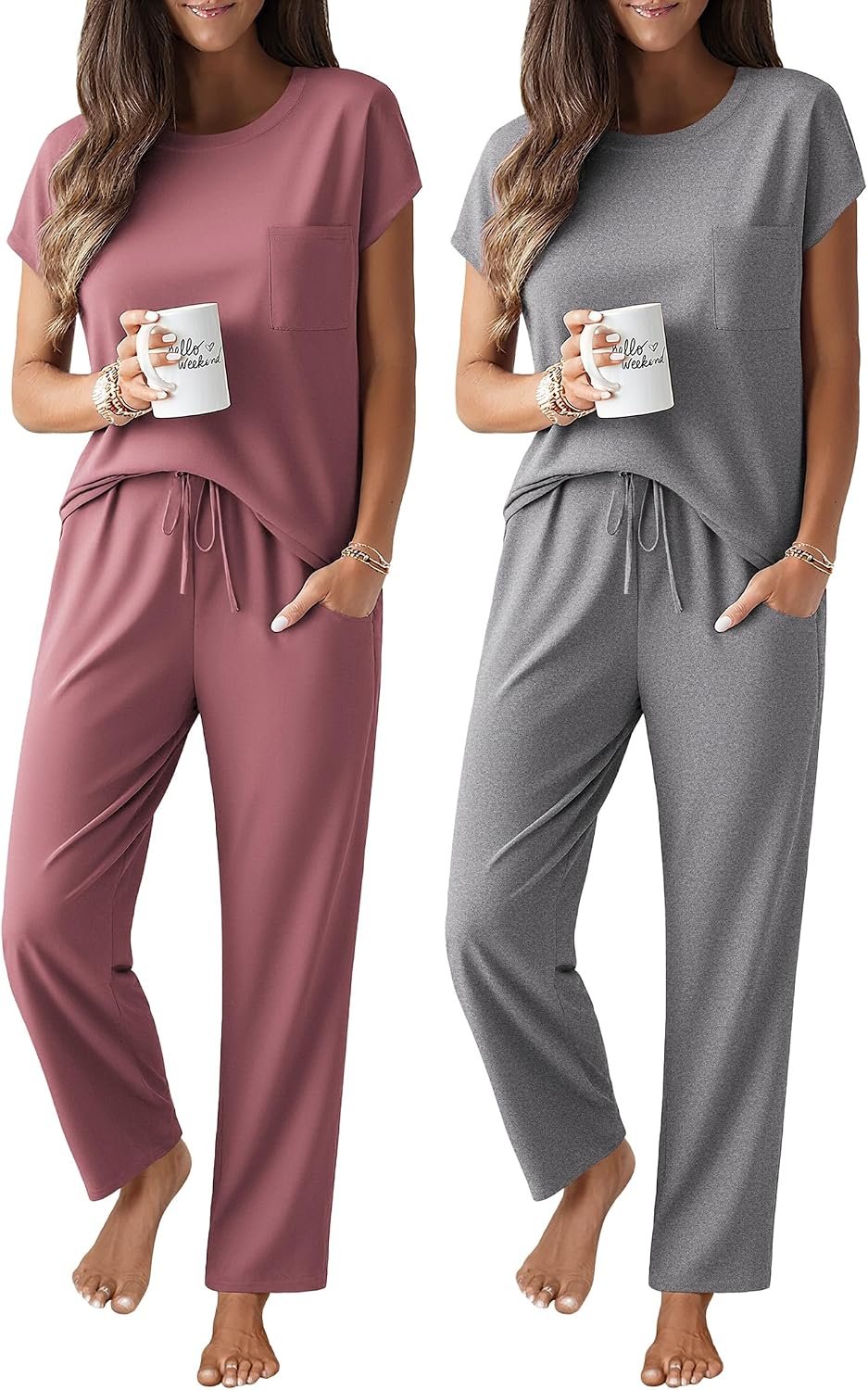 Ekouaer 2 Packs Pajamas for Women Set Cap Sleeve Top and Pants Lounge Set | Soft Comfy Pjs Set Sleepwear with Pockets Loungewear
