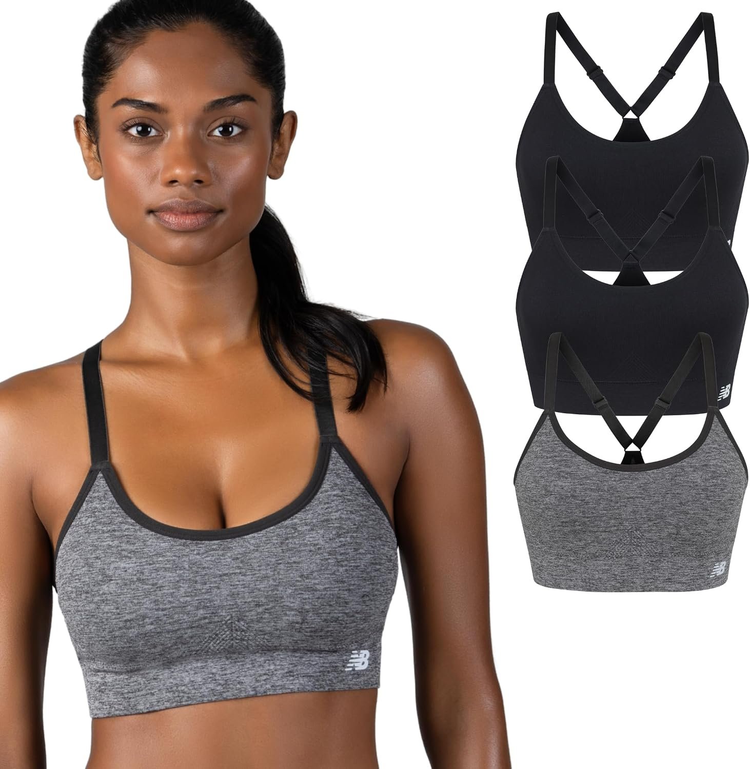 New Balance Women’s Sports Bras 3 Pack, Seamless Cami, Removable Pads, Medium Impact Gym Sports Bra for Women, Workout Set