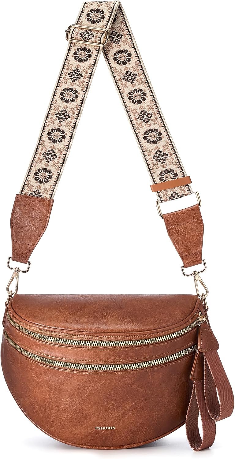 Spacious Leather Crossbody Bag Bum Bag Handbags Wallets Purses Trendy Shoulder Bag for Women (Brown)