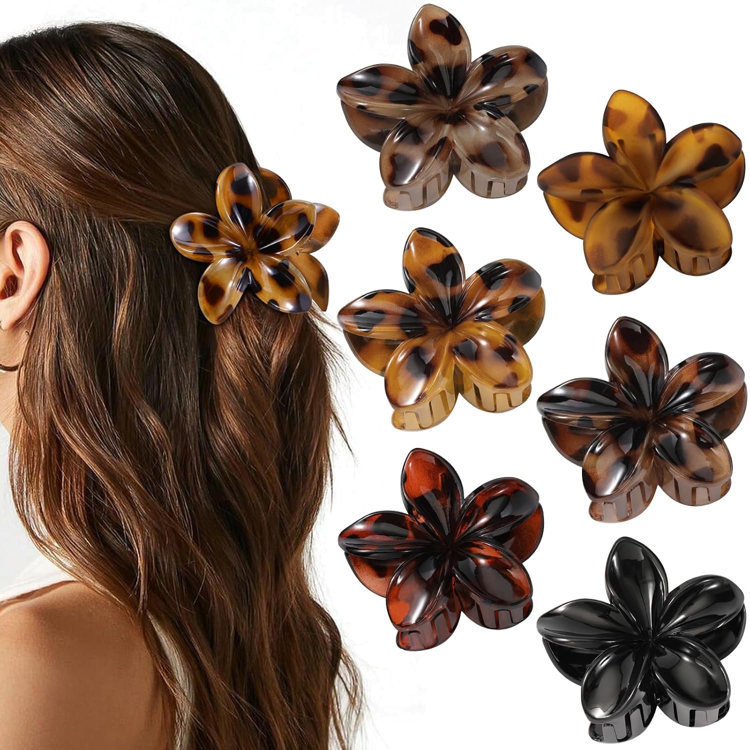 6 PCS Flower Hair Clips for Women, Cute Floral Hawaiian Flower Claw Clips | Strong Hold Non-slip Daisy Claw Clips for Thick Thin Hair, Daily Wear & Holiday Hair Accessories for Girls, Tortoise & Black