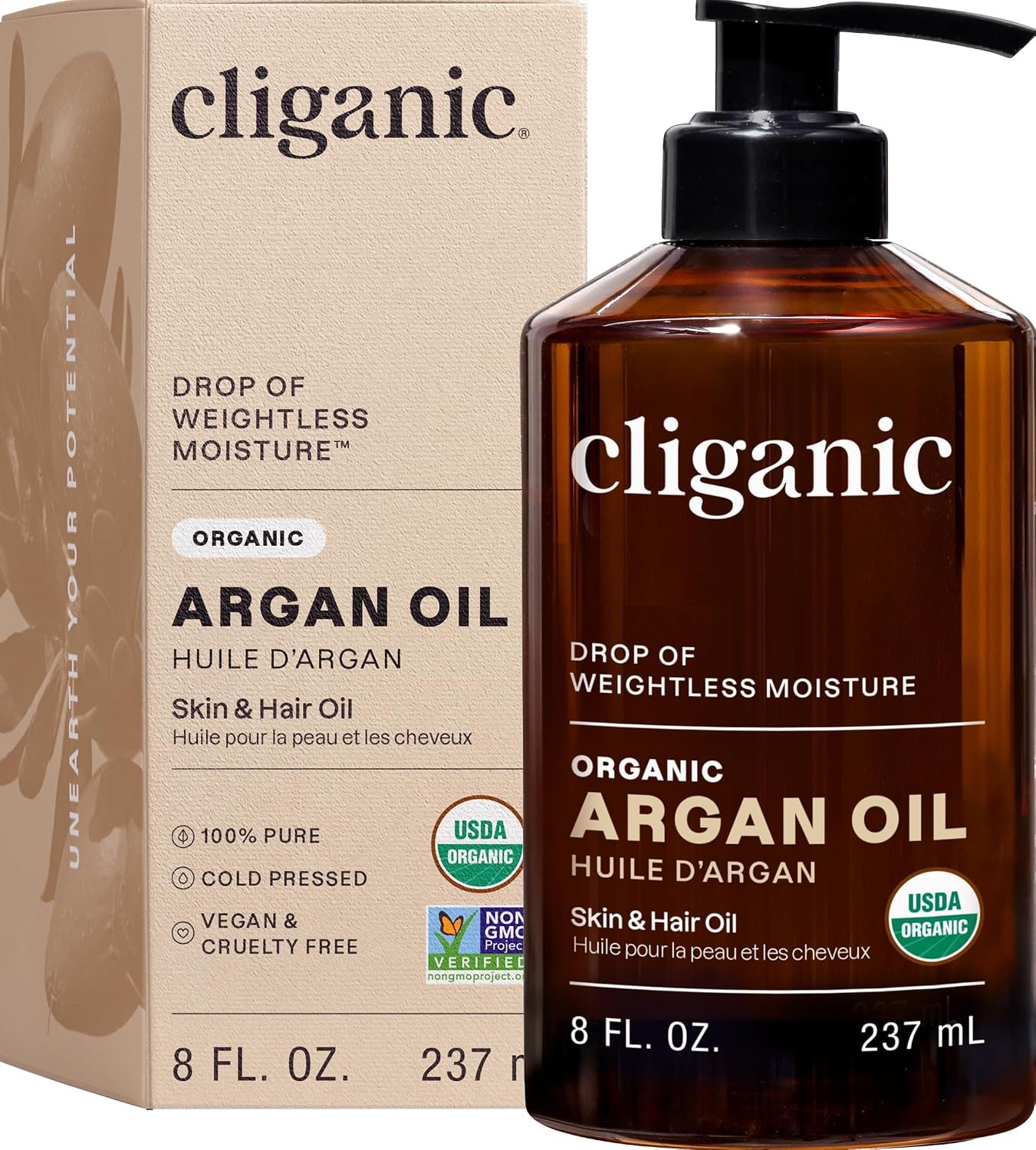 Cliganic Organic Argan Oil 8oz with Pump, 100% Pure – for Hair, Face & Skin