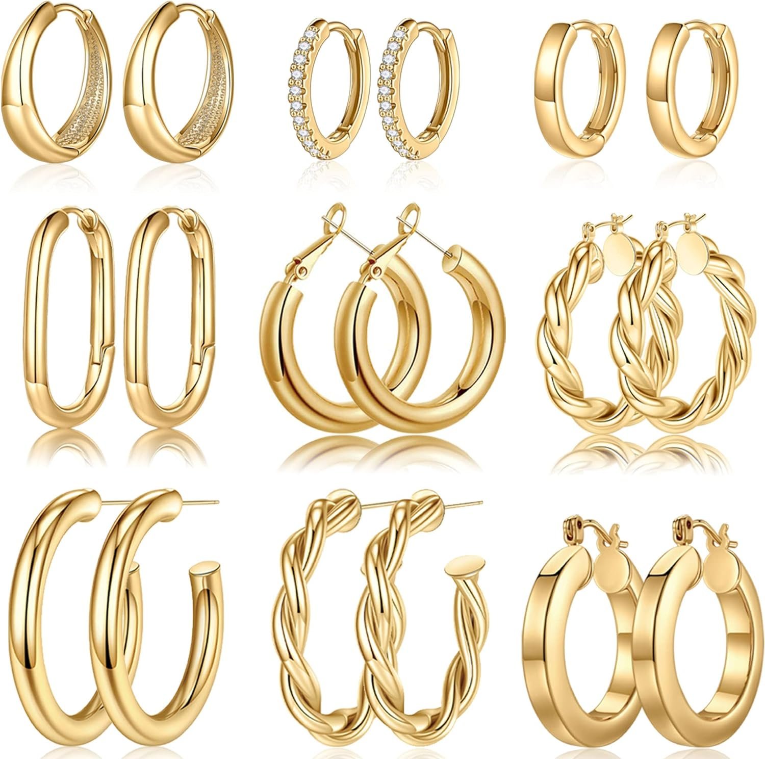 9 Pairs Gold Hoop Earrings for Women, 14K Real Gold Plated Chunky Hoop Earrings Set for Women Hypoallergenic Thick Lightweight Earring for Womens Jewelry Gifts
