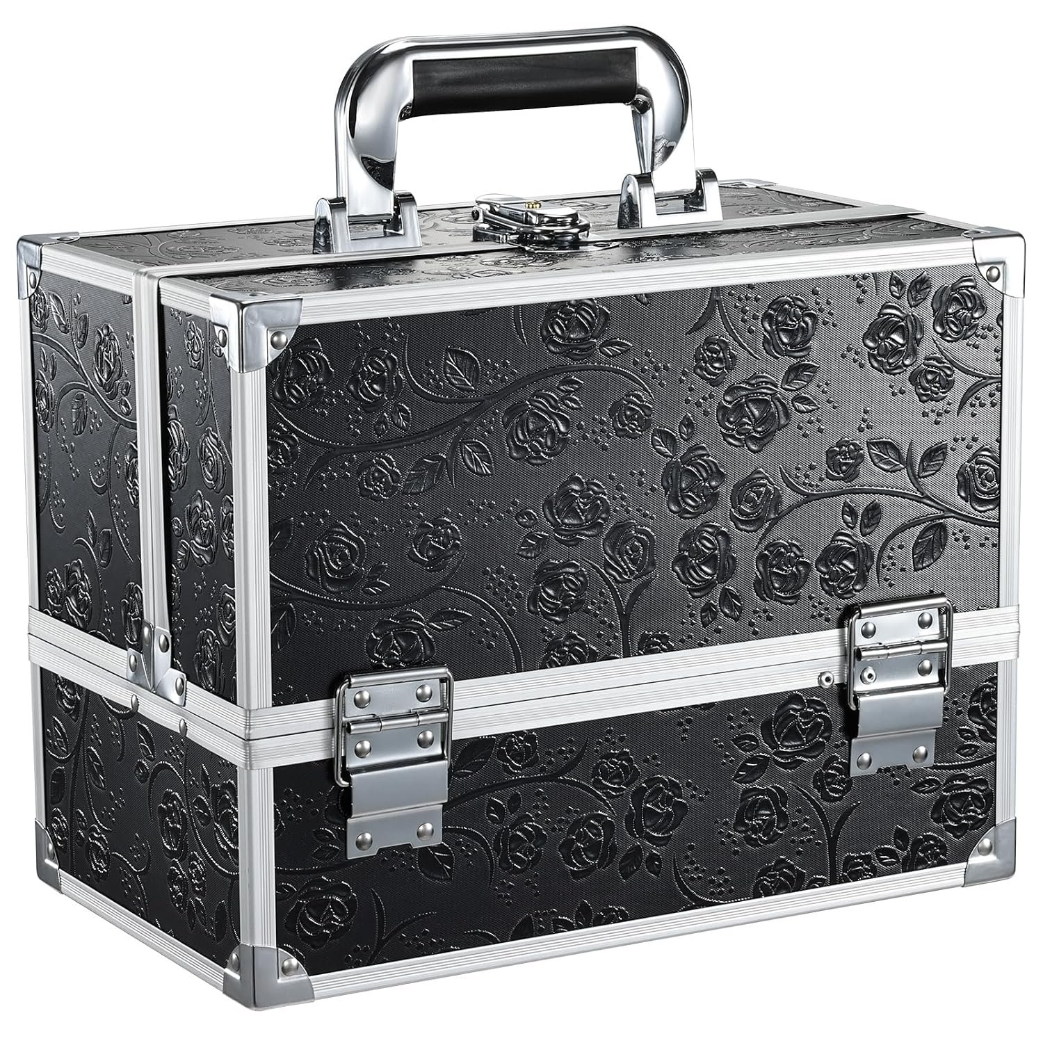 Makeup Train Case Makeup Box 11.8 Inch Large Makeup Case Organizer 3 Trays with Mirror Locking Cosmetic Storage Box for Cosmetics Nail Supplies Sewing Travel Case Black Floral