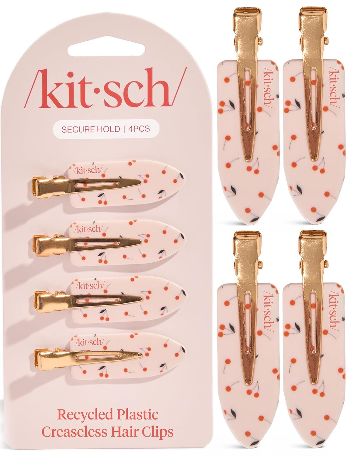 Kitsch Creaseless Hair Clips for Women – Cherry Print, 4pcs | No Crease, No Bend Hair Clips for Styling, Bangs, Makeup Application, Face Wash – Recycled Acrylic Hair Accessories