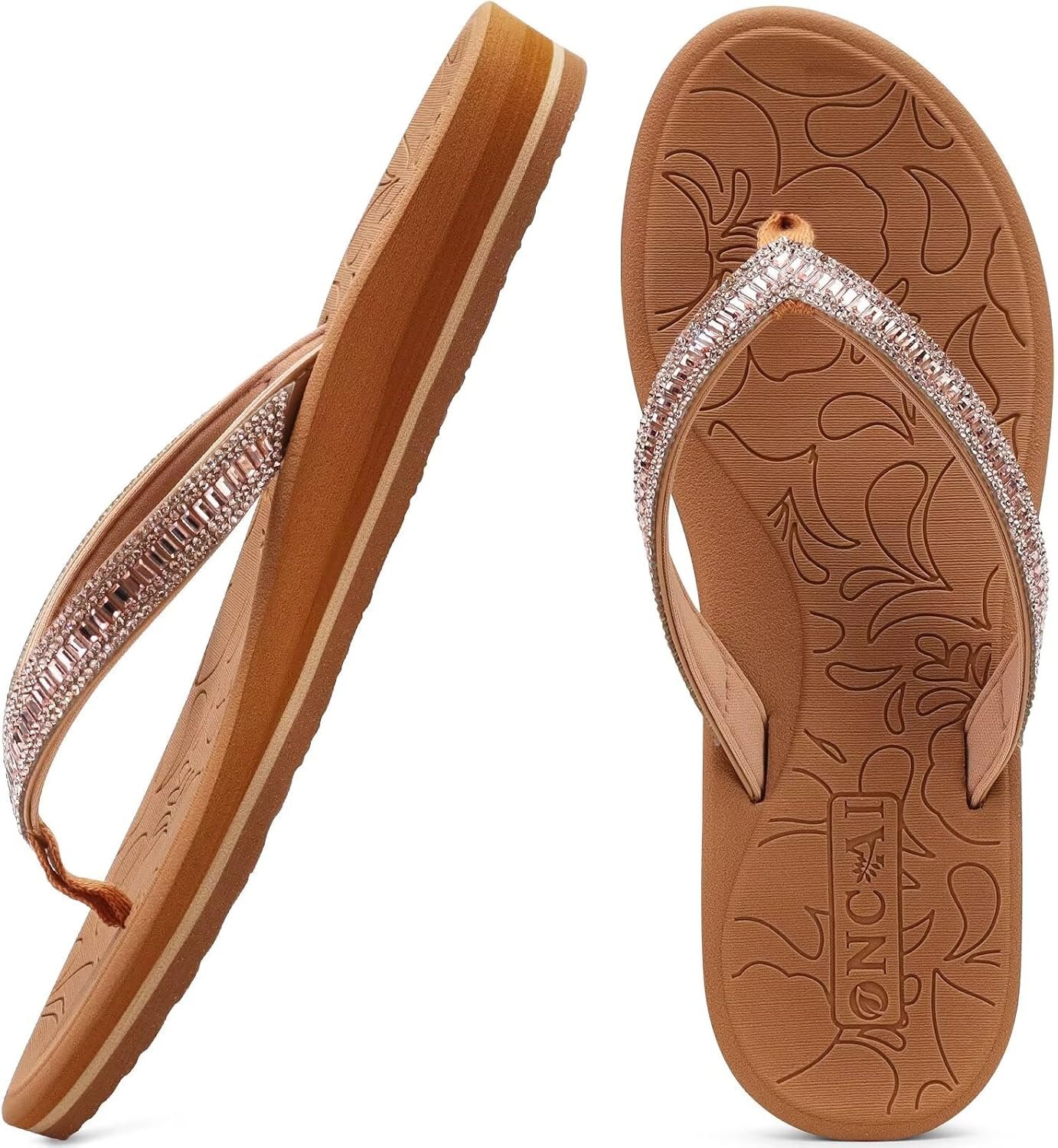 ONCAI Women’s Flip Flops with Rhinestone, Arch Support Yoga Mat Comfort Walking Summer Beach Thong Sandals with Plantar Fasciitis Rubber Soles US Size 5-11