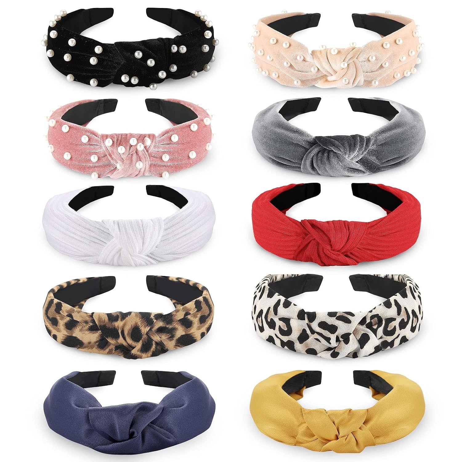 Funtopia Fashion Headbands for Women Girls, 10 Pcs Knotted Headbands | Pearl Headband Wide Top Knot Turban Hair Bands Vintage Velvet Leopard Print Hair Hoops