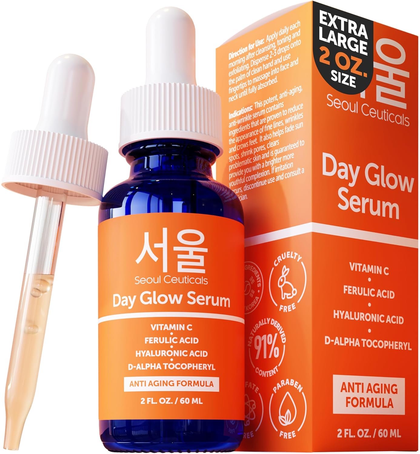 SeoulCeuticals Large 2oz Korean 20% Vitamin C Hyaluronic Acid Serum + CE Ferulic Acid – Potent Anti Aging Vit C, Anti Wrinkle K Beauty Skincare