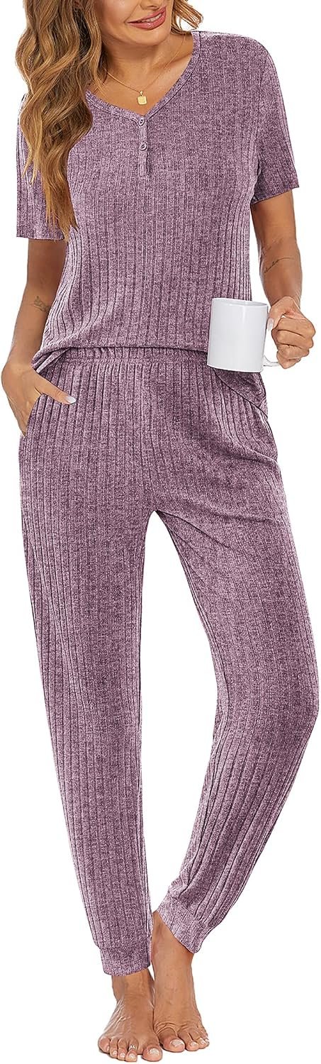 Ekouaer Pajama Sets for Womens 2 Piece Jogger Pants Lounge Set | Soft Rib Knit, Casual Loungewear, Short Sleeve Button Down Tops, Fall Sleepwear