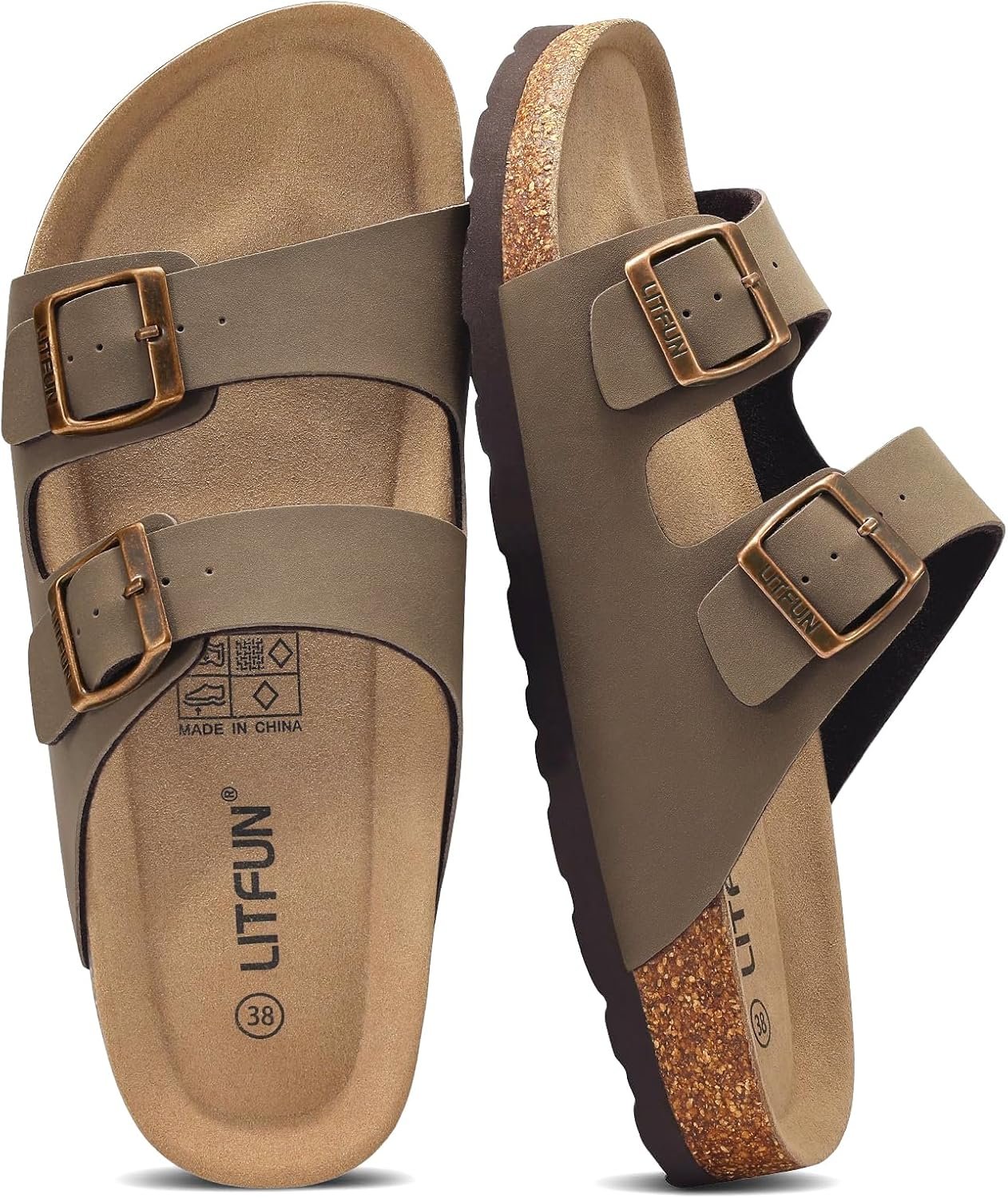 Litfun Unisex Cork Footbed Sandals Summer Slip On Slides for Women Men | Adjustable Buckle, Comfortable Sandals With Arch Support, Beach Casual Style
