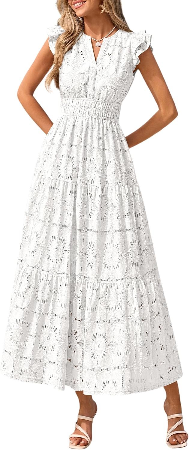 PRETTYGARDEN Women’s Summer Eyelet Boho Maxi Dresses | V Neck, Elastic Waist, Cap Sleeve, Tiered Ruffle, A-Line, Floral Lace Cutout, Wedding Guest Dress, Beach Vacation Clothes