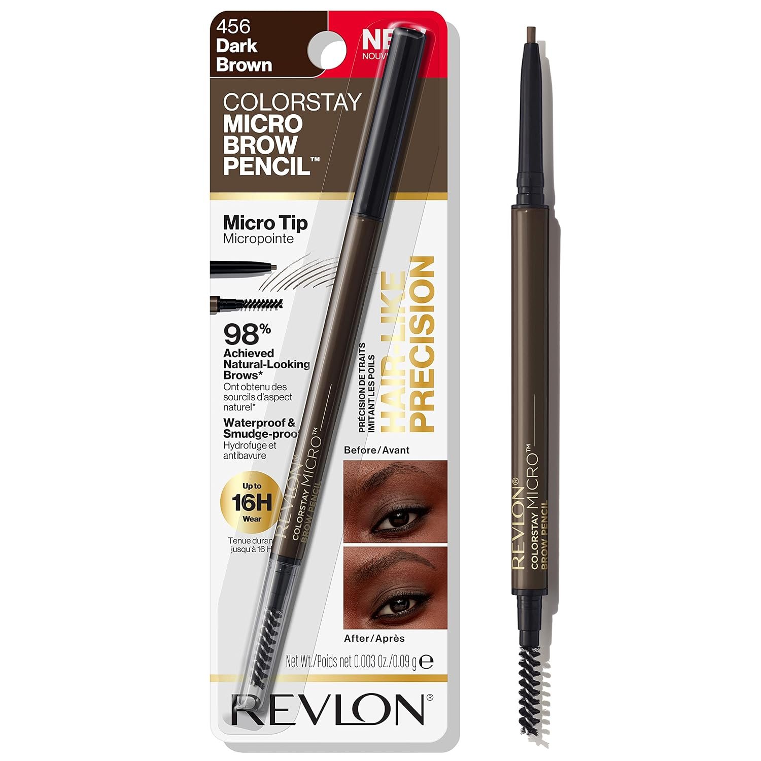 Revlon ColorStay Micro Brow Pencil, 456 Dark Brown, 0.003 oz | Waterproof eyebrow pencil with micro tip and spoolie brush. Infused with argan & marula oil. Smudge-proof definition.