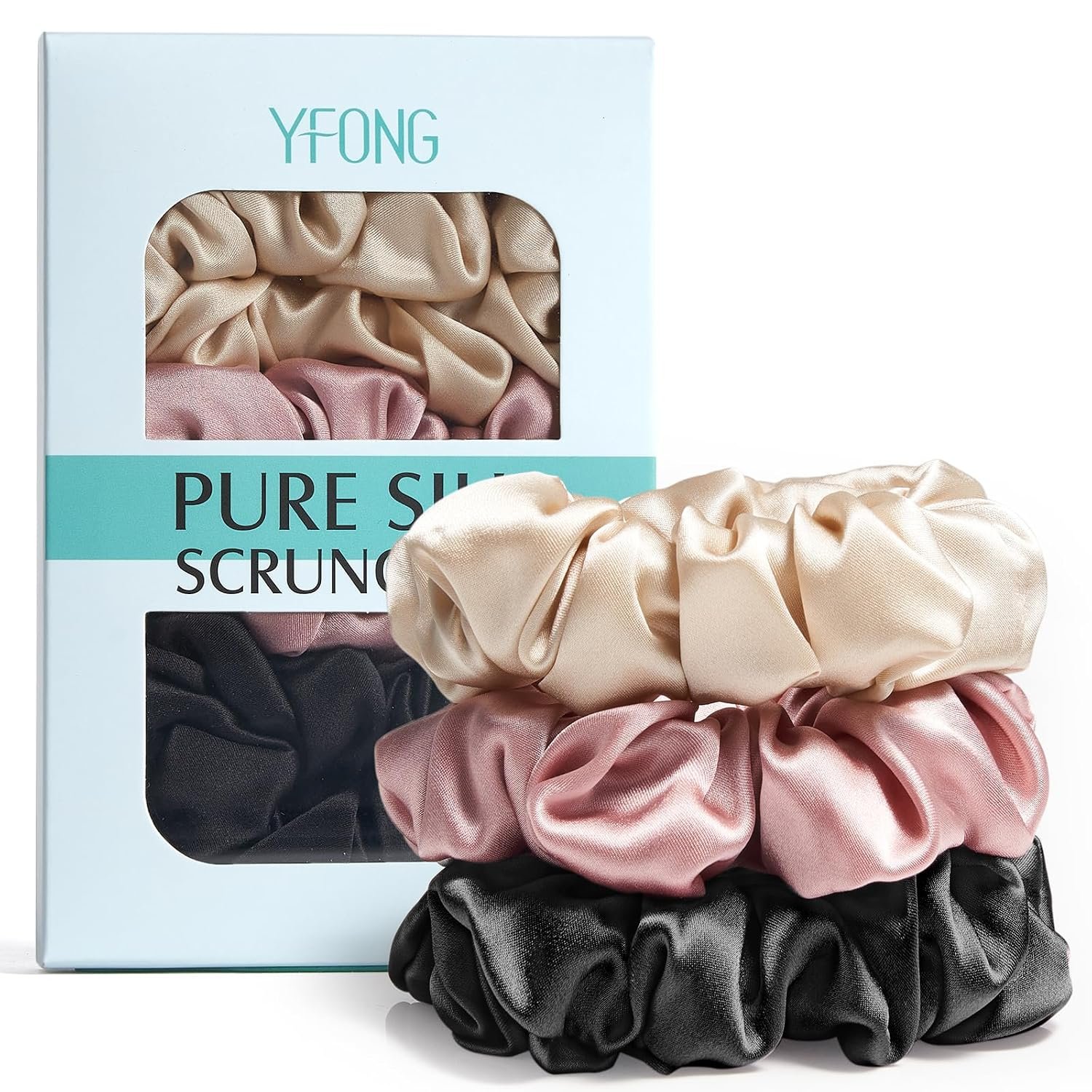 YFONG 3 PCS 100% Mulberry Silk Scrunchies for Women Girls, 22 Momme Soft Hair Ties for Frizz & Breakage Prevention, Elastic Ponytail Holders Gentle And No hurt, (Pink+Black+Champagne)