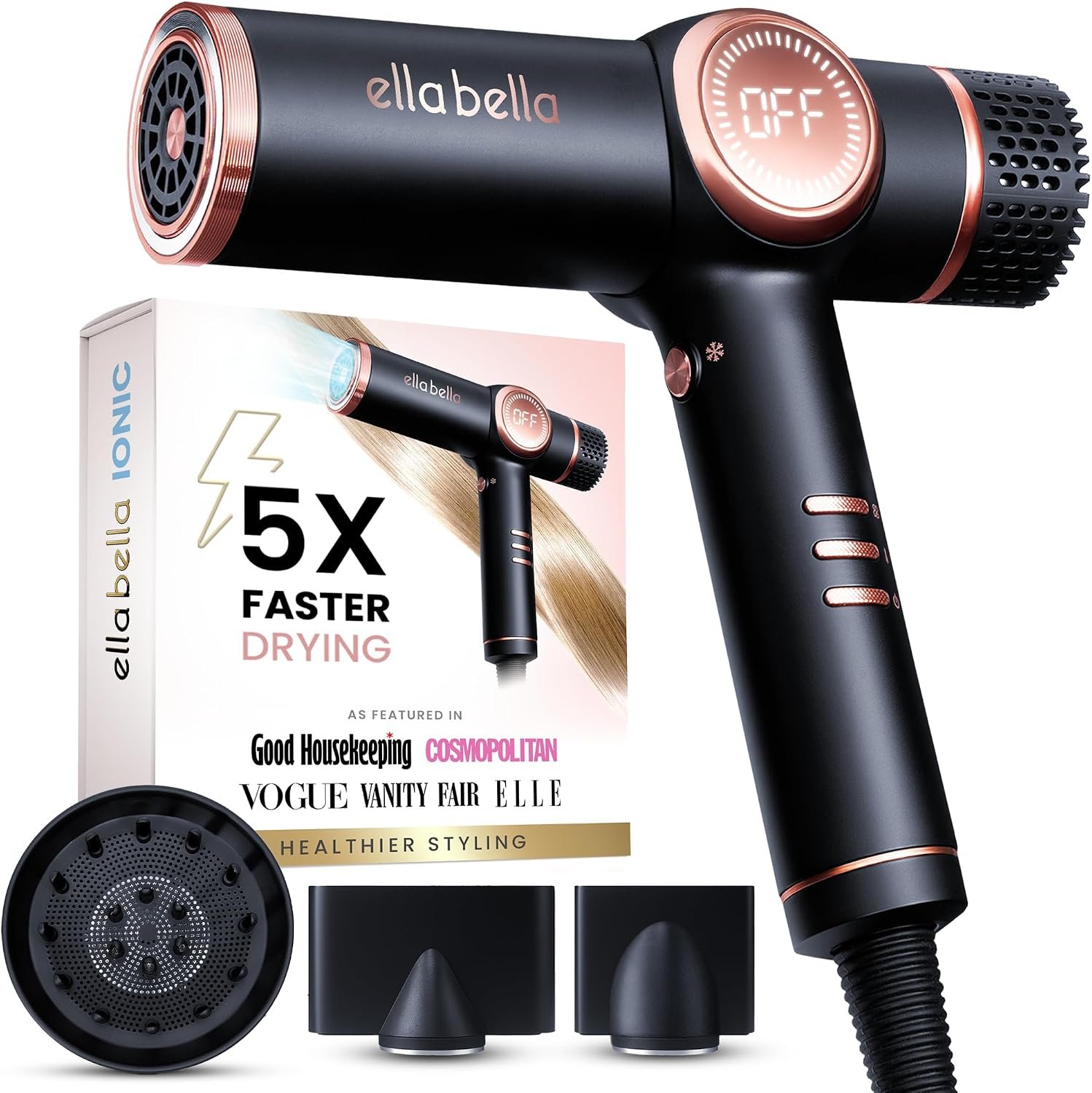 ELLA BELLA® Ionic Hair Dryer with Diffuser – Negative Ion Blow Dryer, Quiet | Professional-Grade Blow Dryer. Intelligent Heat Control & Rapid Drying, Lightweight, Low Noise, All Hair Types