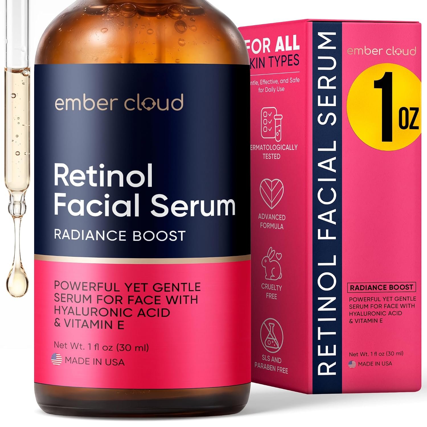 Retinol Serum for Face with Hyaluronic Acid & Vit E 1 Oz | Anti Aging Wrinkle Treatment for All Skin Types, Paraben & Fragrance Free, Cruelty Free, Made in USA, with Aloe Vera