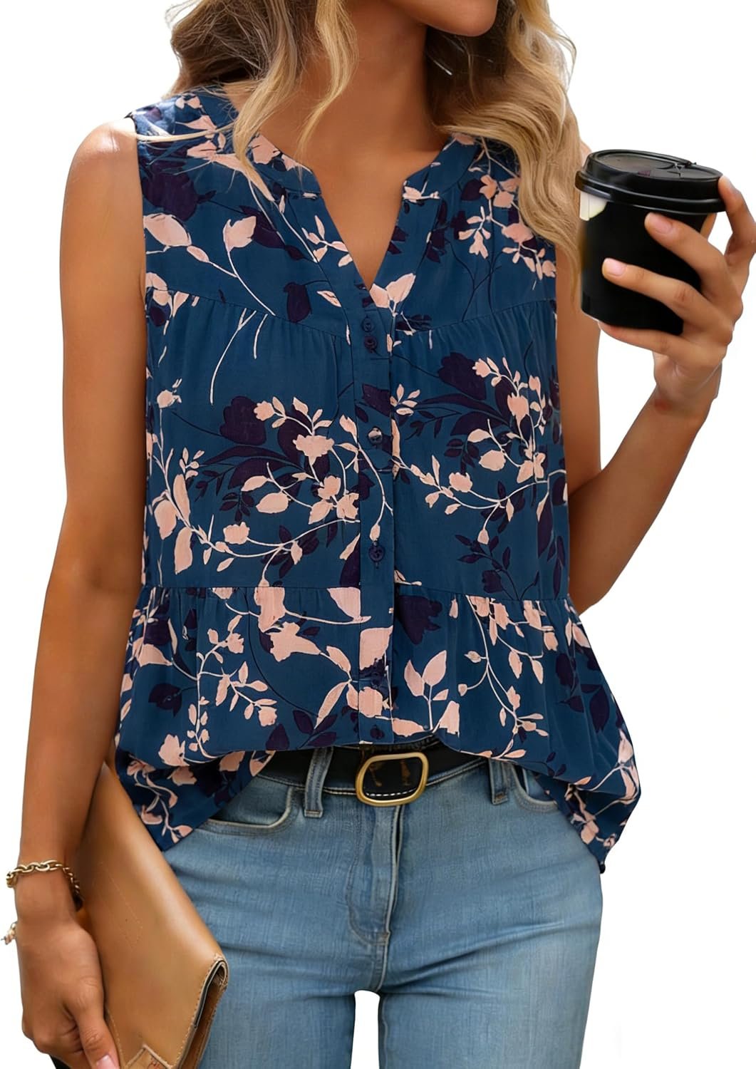 Simplee Womens Summer Sleeveless Tank Tops Chiffon V Neck Floral Tunic Top Casual Loose Blouse Shirts
