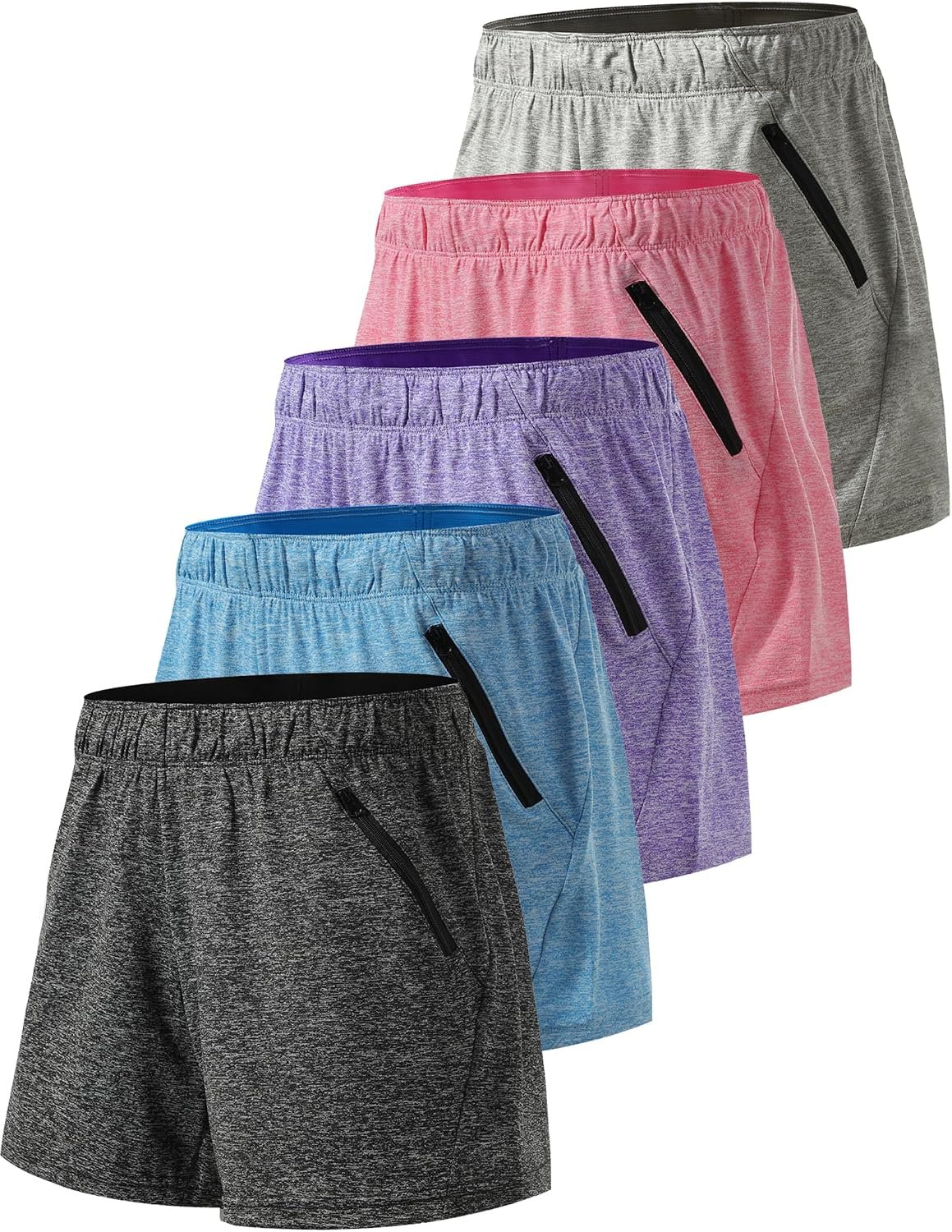 1 or 5 Pack Women’s Lounge Workout Shorts with Zipper Pockets | 5″ Inseam, Lightweight, Relaxed Fit, for Running Gym Athletic Casual Wear
