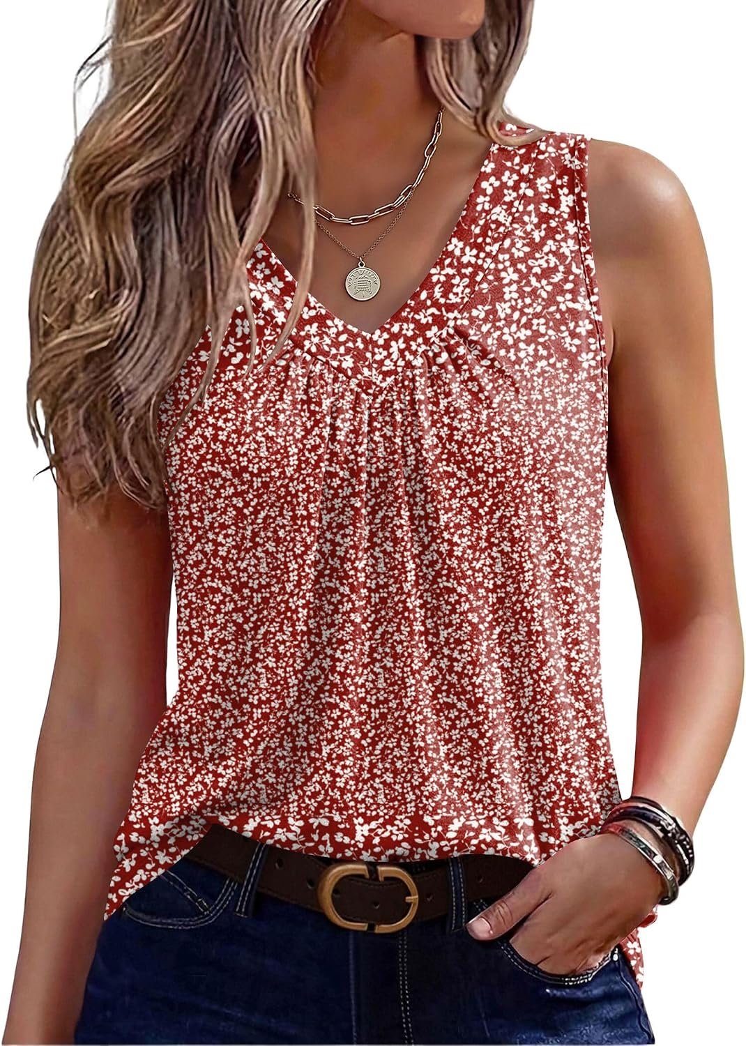 Zeagoo Womens Tank Tops Summer Sleeveless Tops V Neck Pleated Shirts | Summer Sleeveless Loose Fit Tops,Basic Tees,Dressy Casual Trendy Clothes,Fashion Clothing,Cute Tops,Womens Tops,Ladies Shirts