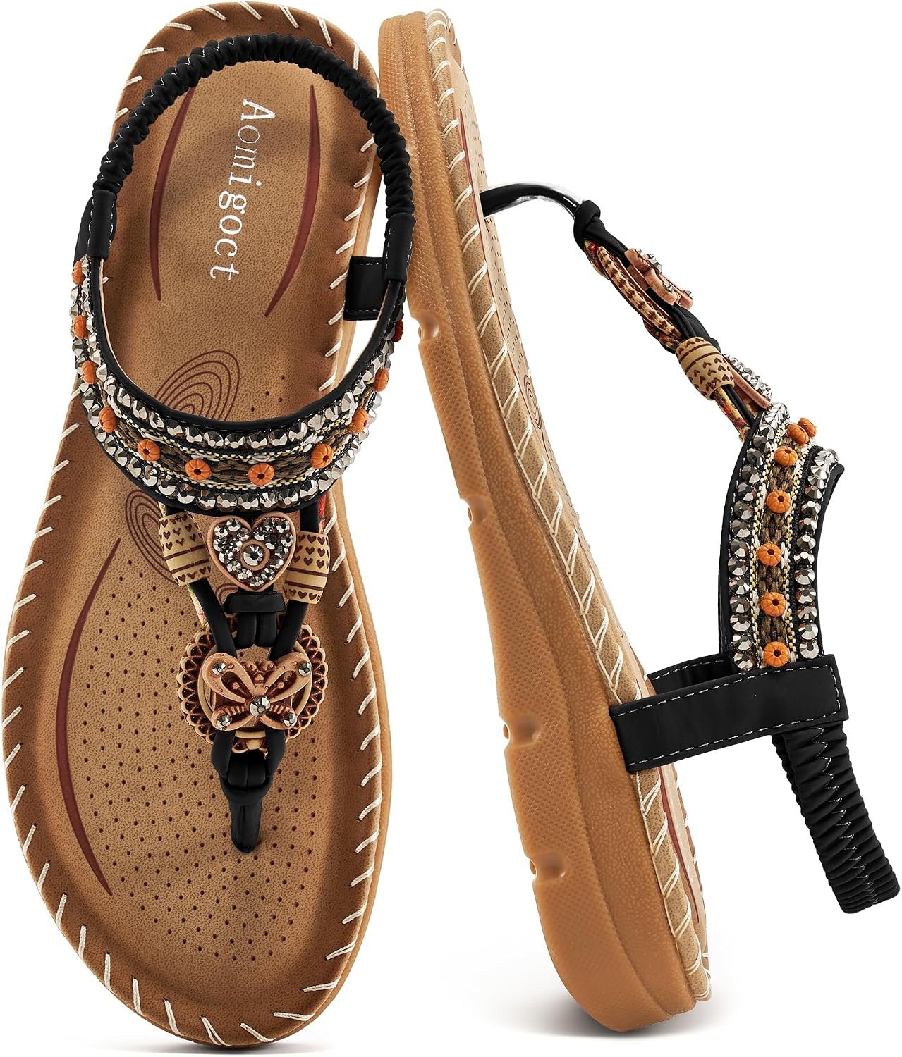 Aomigoct Sandals Women Flat Shoes: Dressy Summer Bohemian Flats Shoes for Women Sandals Comfortable Ankle Strap Outdoor Walking