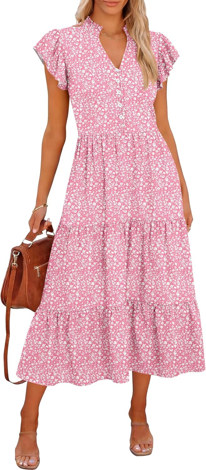 Caracilia Women Summer Casual V Neck Button Down Ruffle Sleeve Midi Dresses 2026 Fashion Flowy Tiered Beach Vacation Sundress