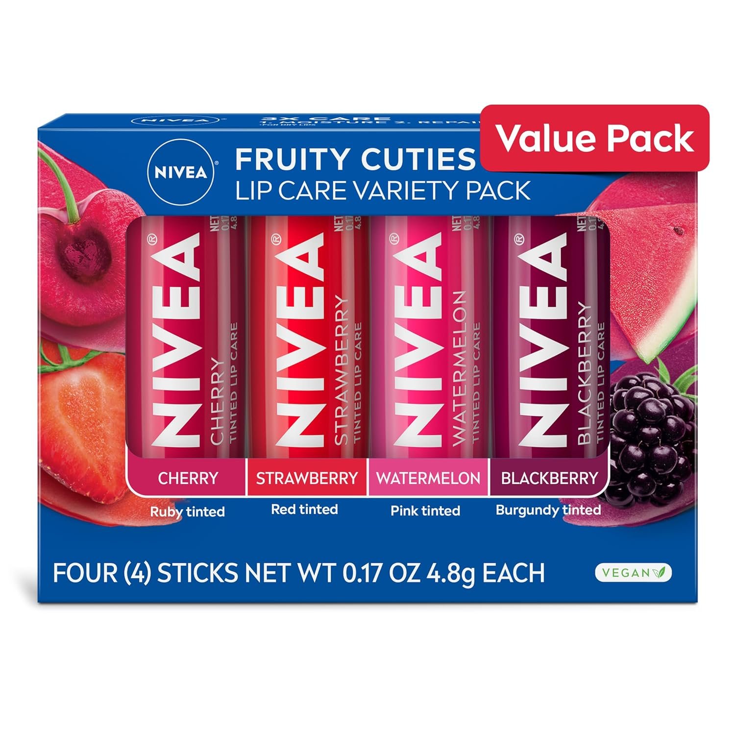NIVEA Lip Care, Fruity Cuties Lip Balm Variety Pack, 4 x 0.17 OZ | One Each: Cherry, Strawberry, Watermelon and Blackberry, Shea Butter Enriched, 3-in-1 Moisture, Tinted Lip Balms
