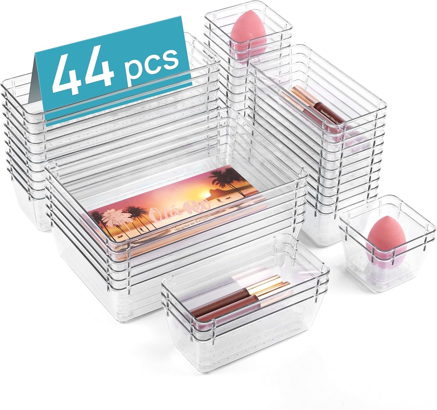 Vtopmart 44 PCS Clear Plastic Drawer Organizers Set, Vanity Organizer Trays | 4-Size Versatile Makeup Organizer, Non-Slip Storage Containers for Makeup, Jewelries, Bedroom，Kitchen Utensils and Office
