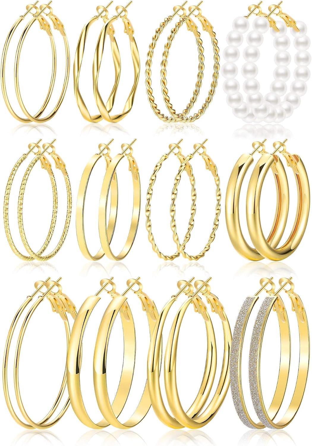 12 Pairs Gold Hoop Earrings Set for Women，Fashion Jewelry Gifts 40mm/50mm | Large/Big, Trendy, Pearl, Multiple Styles, lightweight, 14K Gold-plated, Hypoallergenic, Great for Party/Gathering/Work/Daily