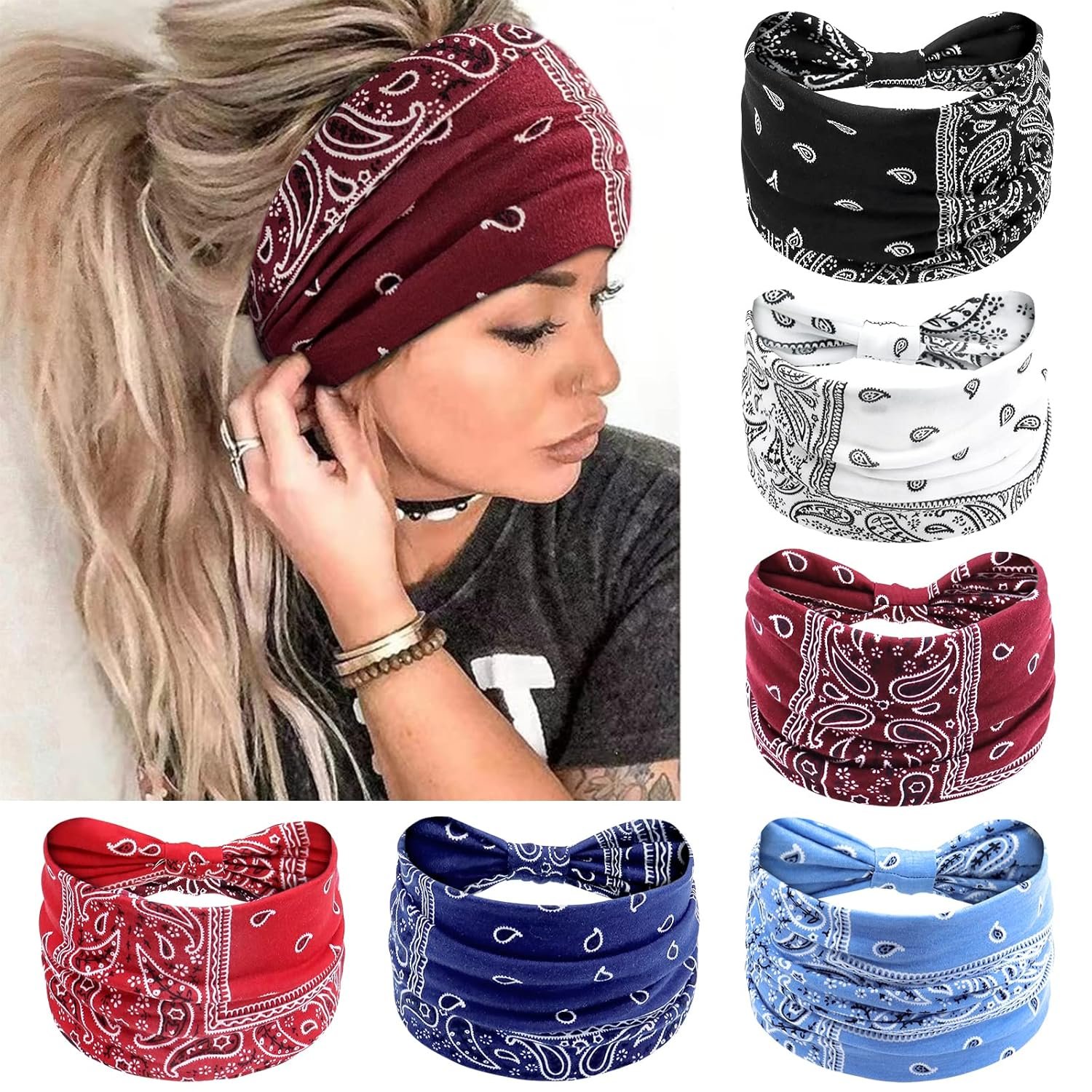 Awumbuk Wide Headbands for Women Knotted No Slip Head Bands Soft Turban Headband Hair Accessories Boho African Solid Color Head Wraps for Women Yoga Workout (Multi-colored-1)
