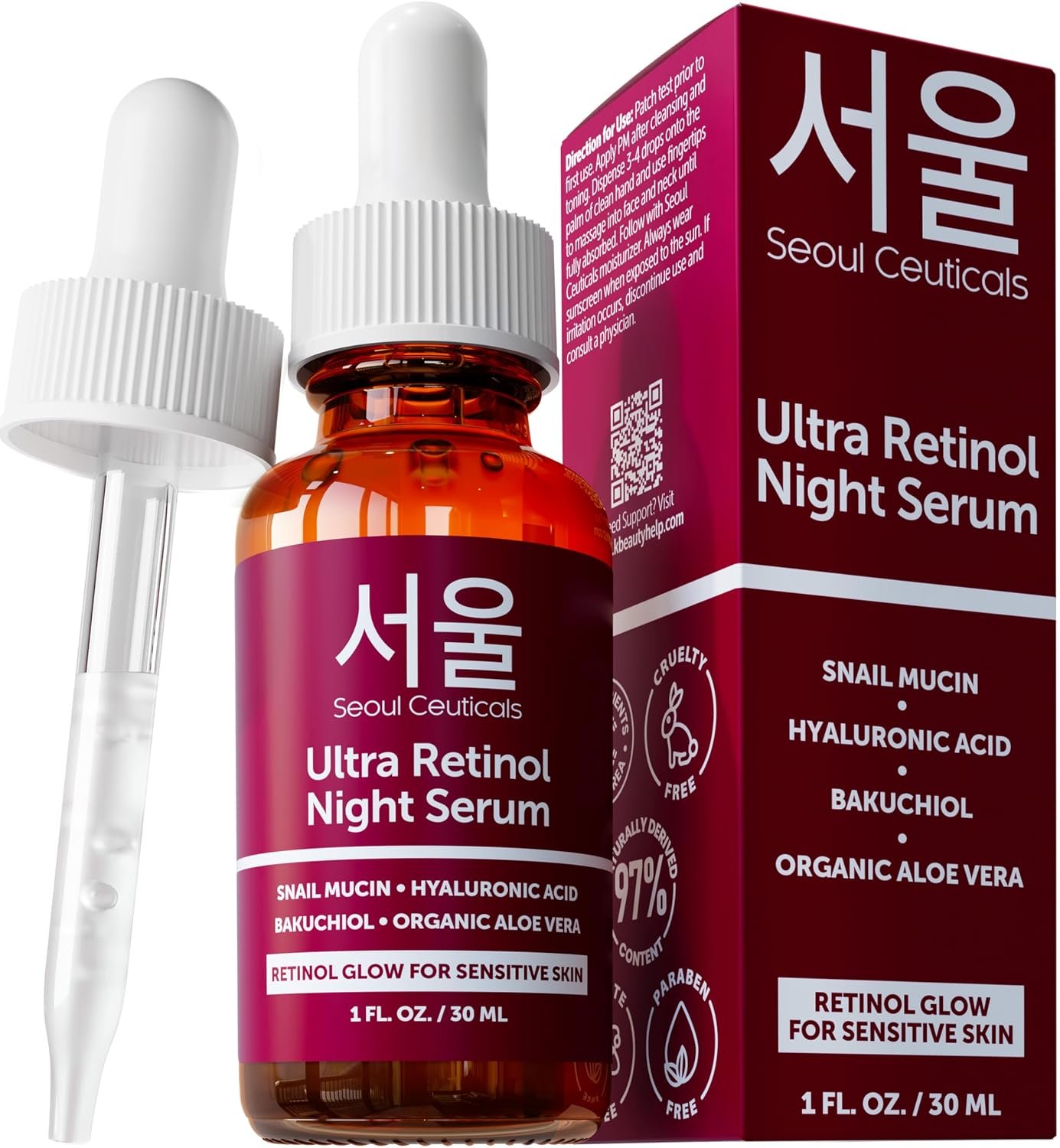 SeoulCeuticals 1% Retinol Snail Mucin Night Serum for Face Korean Skin Care | 97.5% Snail Mucin, Cruelty Free, Anti Aging Facial Skin Booster, K Beauty Skincare for All Skin Types & Sensitive Skin