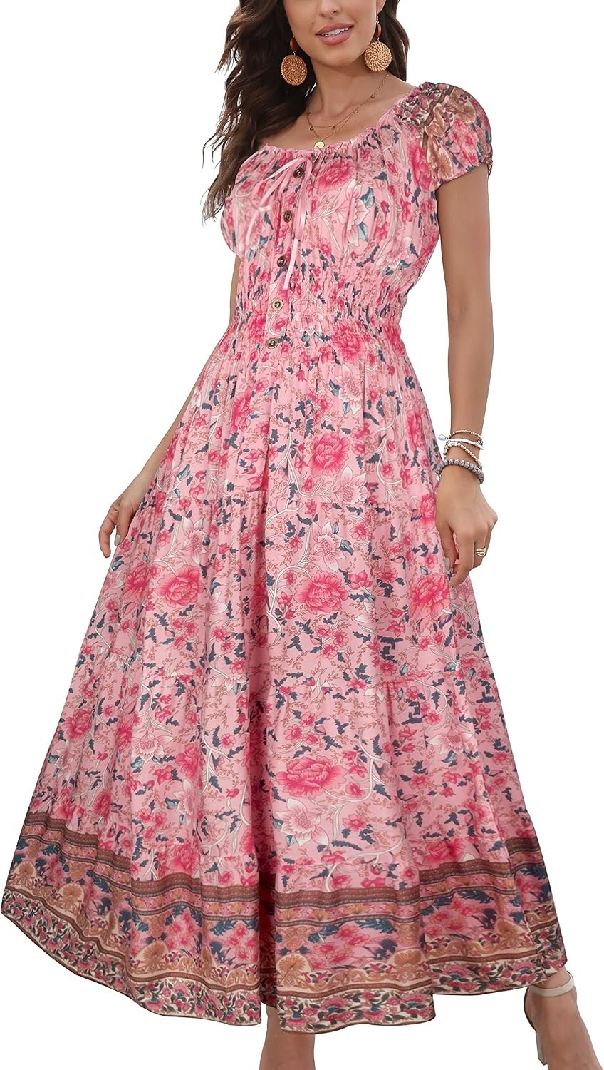 OSTOO Women’s 2026 Maxi Dress Short Sleeves Boho Floral Print Tiered Casual Flowy Summer Long Dress