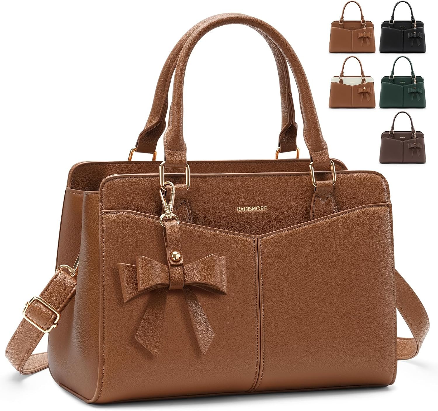RAINSMORE Purses for Women Satchel Purse, PU Leather Structured Work Handbag with Bowknot and Shoulder Strap, Fits 11” iPad