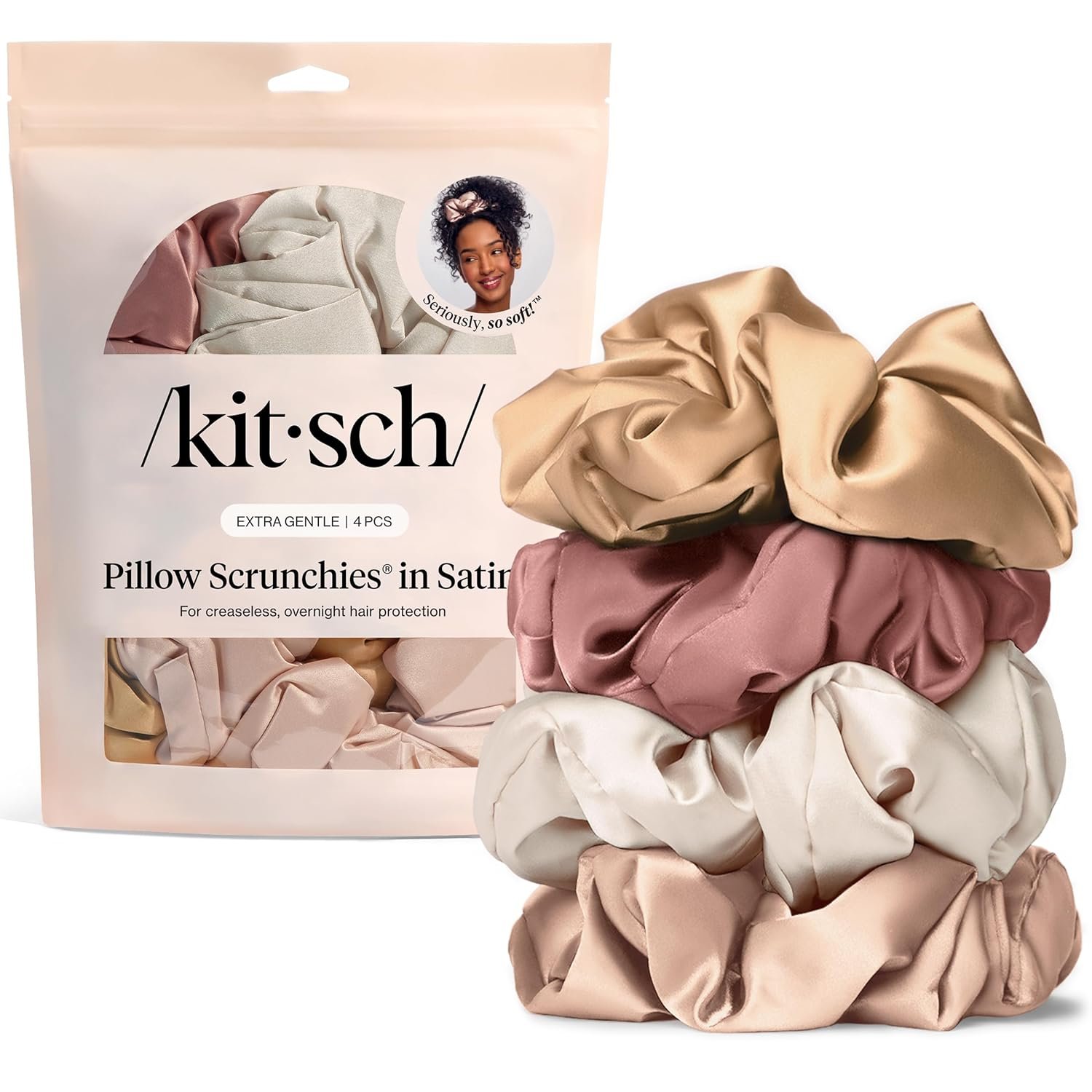 Kitsch Pillow Satin Scrunchies for Women – Hair Ties No Damage, No Crease Hair Accessories | Perfect for Day or Night – Blush, 4pcs