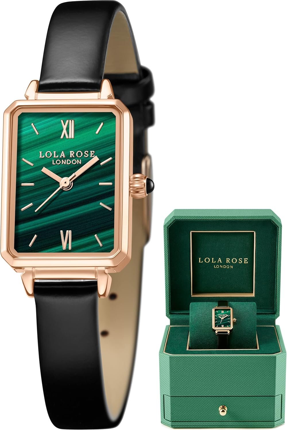 Lola Rose Dainty Women’s Wrist Watch: Green Malachite Dial, Wrapped by Stylish Gift Box, Elegant Present for Ladies and Loved Ones