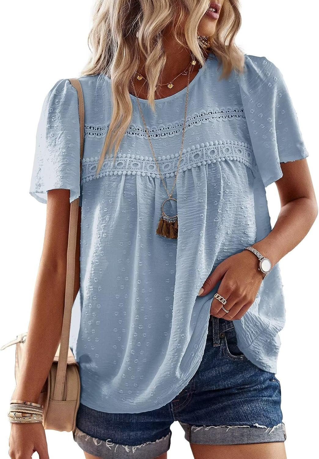 Falechay Womens Summer Tops Crewneck Short Sleeve Shirts Casual Chiffon Blouses Flowy Lace Hem Boho Clothing Trendy 2026