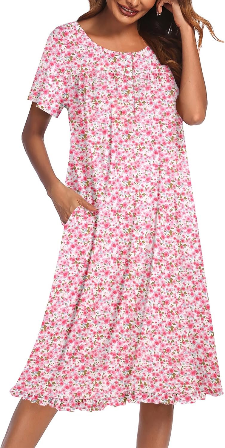 Ekouaer House Dresses for Women with Pockets Short Sleeve Moo Moos | Floral Print Mumu Dresses, Crewneck Pleated Front Button Moomoo Dress, Ruffled Hem, Soft Sleepwear, for Lounge, Sleep