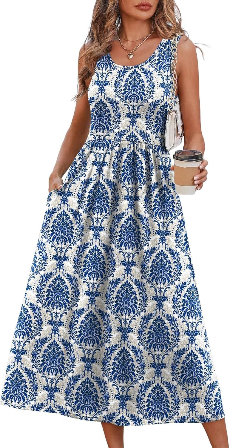 WIHOLL Summer Dresses for Women Flowy Casual Midi Dress Beach Vacation Sundresses with Pockets