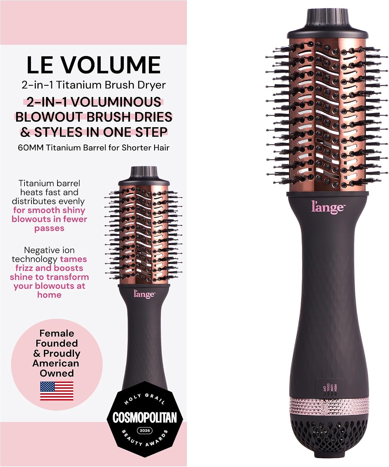 L’ANGE HAIR Le Volume 2-in-1 Titanium Blow Dryer Brush | Frizz Control Blowout Hair Dryer Brush For Drying And Straightening | Volumizing Hot Air Styler For All Hairstyles | Oval Barrel | Black – 60mm