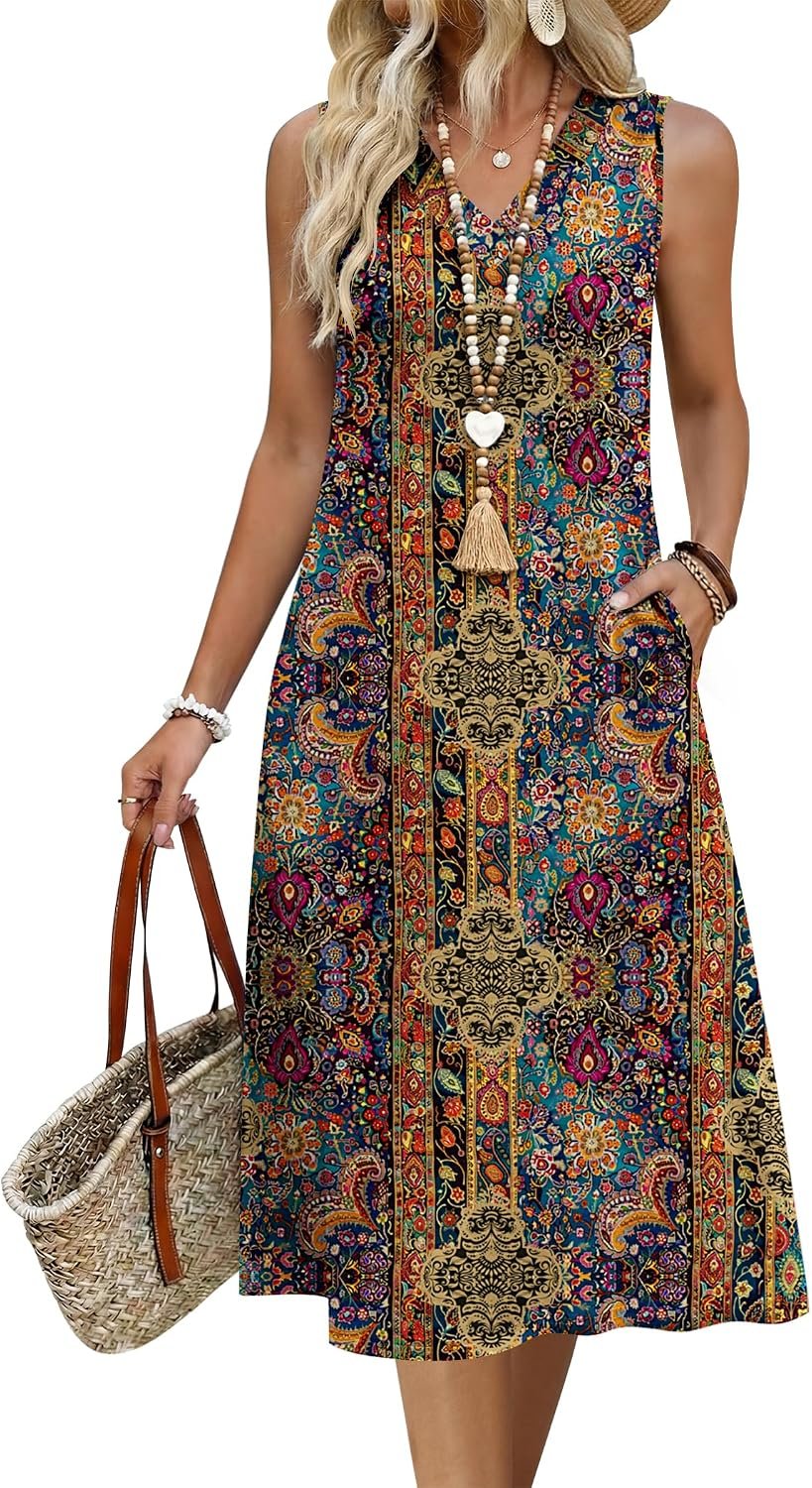 Zeagoo Sundresses Dresses for Women 2026 Summer Sleeveless V Neck Casual Midi Tank Beach Vacation Dresses with Pockets