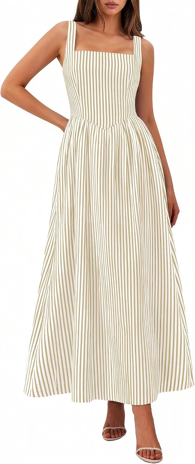 PRETTYGARDEN Women’s Maxi Dress Summer Striped Sundress | Sleeveless Square Neck, Long Flowy A Line, Smocked Back, Pockets, Casual Spring Outfits for Beach Vacation, Resort, Party