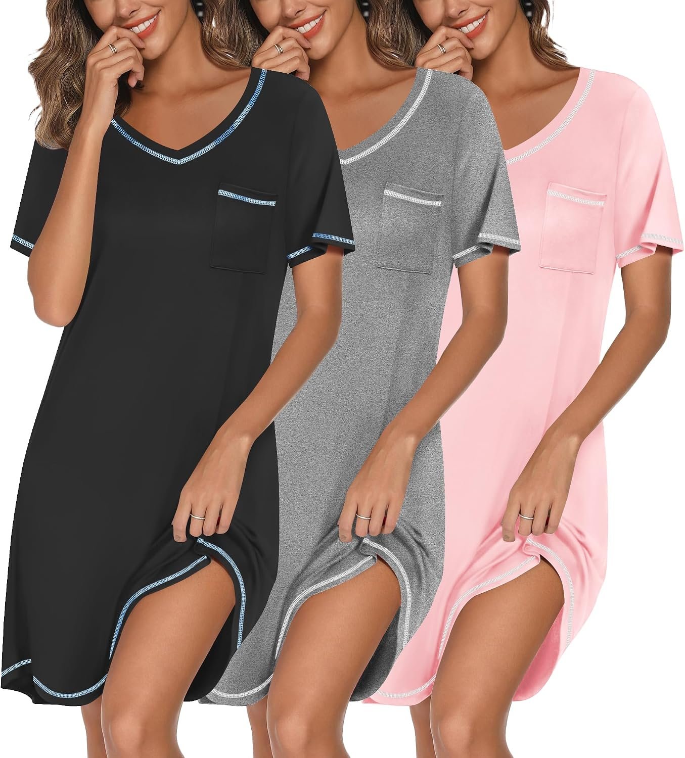 Ekouaer 3 Pack Nightgowns for Women Short Sleeve Sleep Shirt Soft Sleepwear | T shirt Nightgown V Neck Nightshirts Soft Sleepwear Dress Ladies Pajama Dress Plus Size Sleeping Gown Comfy Nightdress