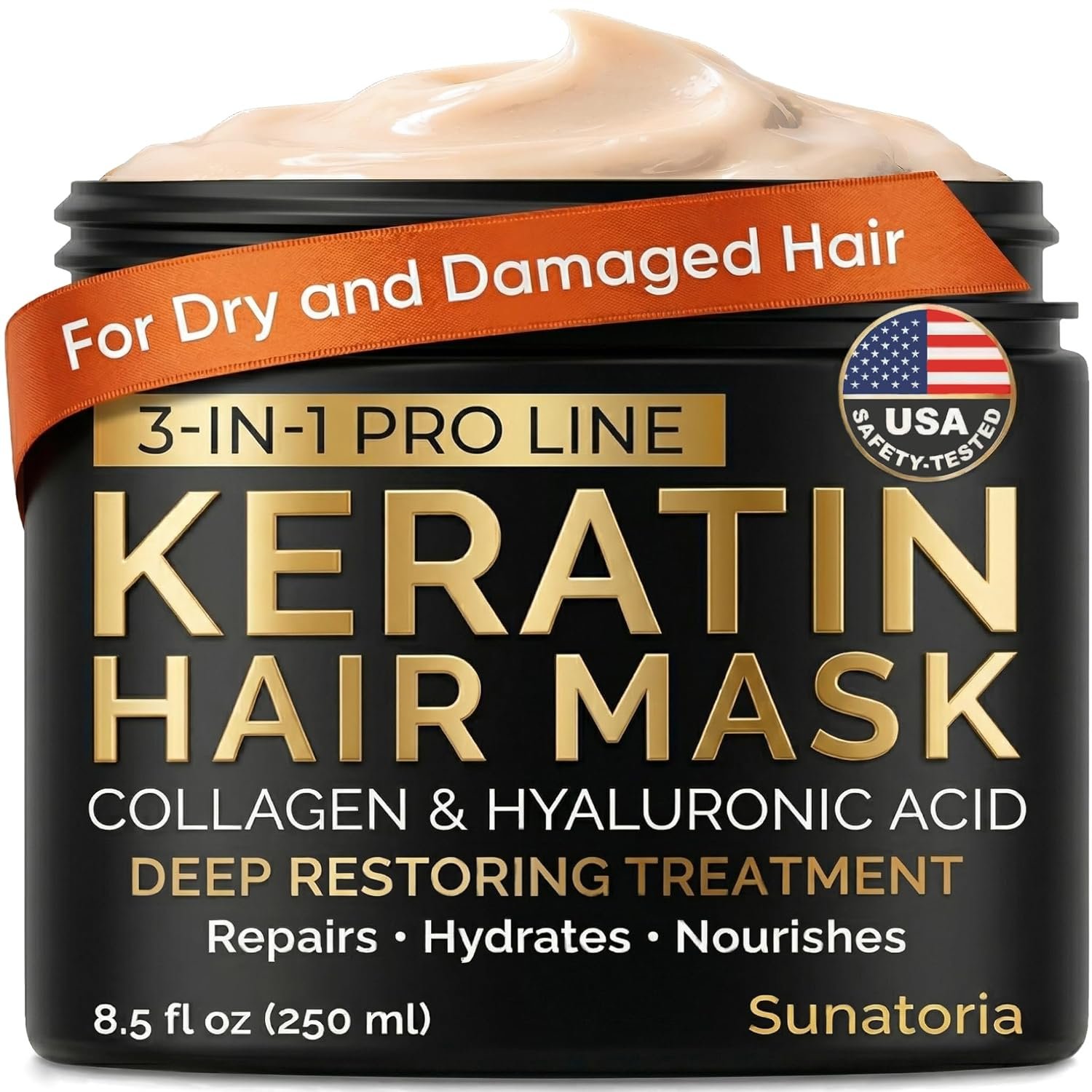 SUNATORIA Keratin Hair Mask – Deep Repair for Dry, Damaged Hair – Hydrolyzed Keratin, Hyaluronic Acid, Argan Oil and Collagen – Sulfate-Free, Paraben-Free | 8.5 fl oz