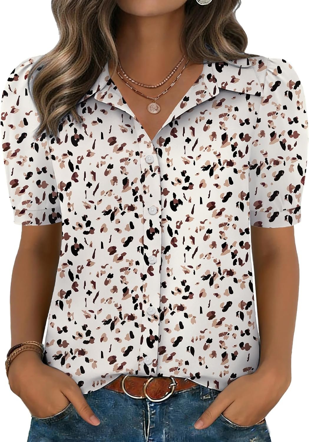 Zeagoo Women Button Down Shirts Puff Short Sleeve Blouses Chiffon Tops | V Neck Chiffon Shirts, Business Casual Short Sleeve Blouses, Office Work Clothes, Summer Vcation Tops，Trendy Fall Clothing