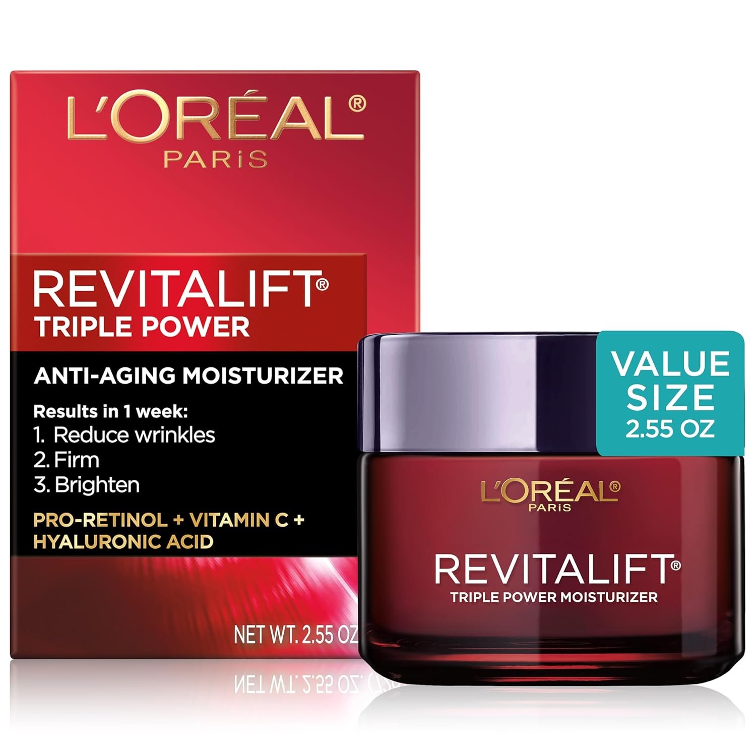 L’Oreal Paris Revitalift Triple Power Anti-Aging Face Moisturizer, Pro Retinol, Hyaluronic Acid & Vitamin C to Reduce Wrinkles, Firm & Brighten Skin, 2.55 Oz