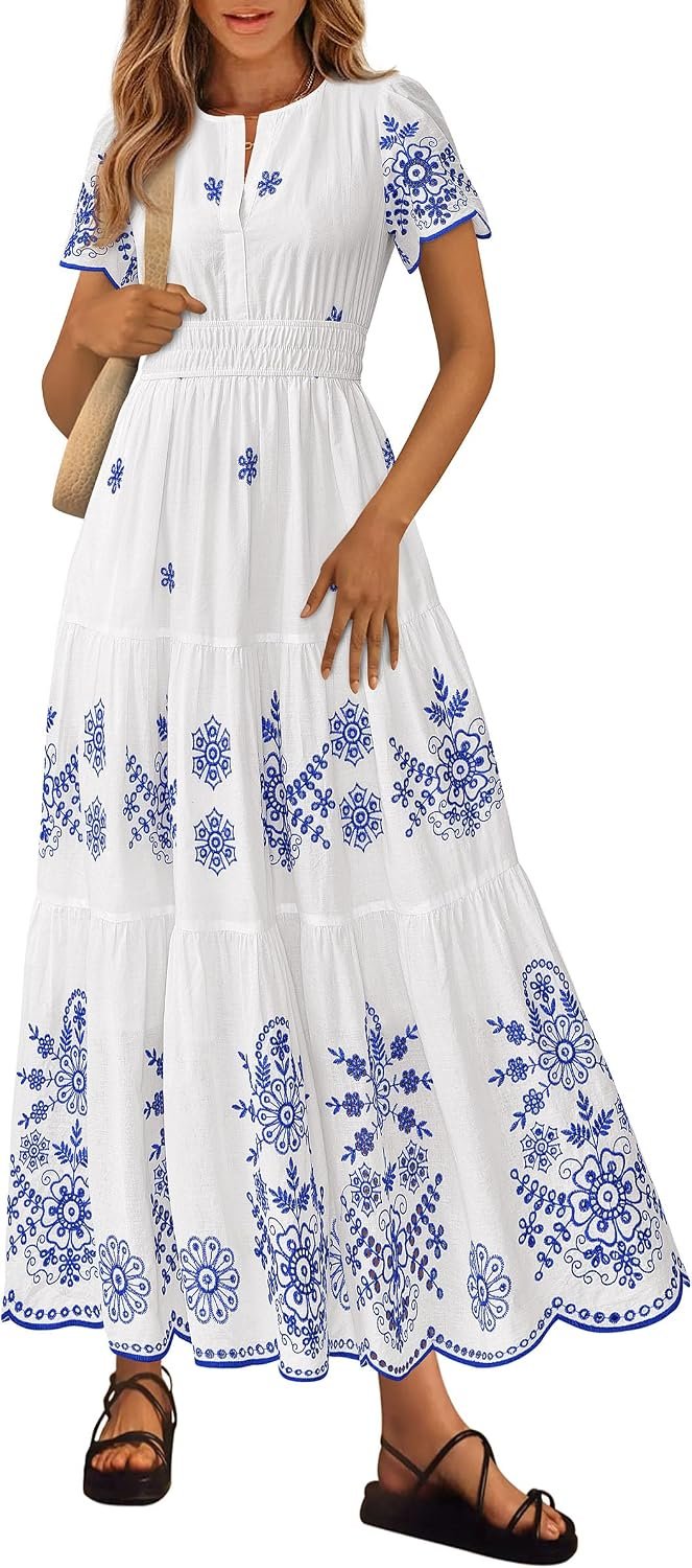 PRETTYGARDEN Womens Summer Dresses Floral Maxi Boho Spring Long Dress | Lightweight Cotton Embroidery, V Neck Short Sleeve Empire Elastic Waist, Flowy Vacation Wedding Guest Dresses, with Pockets