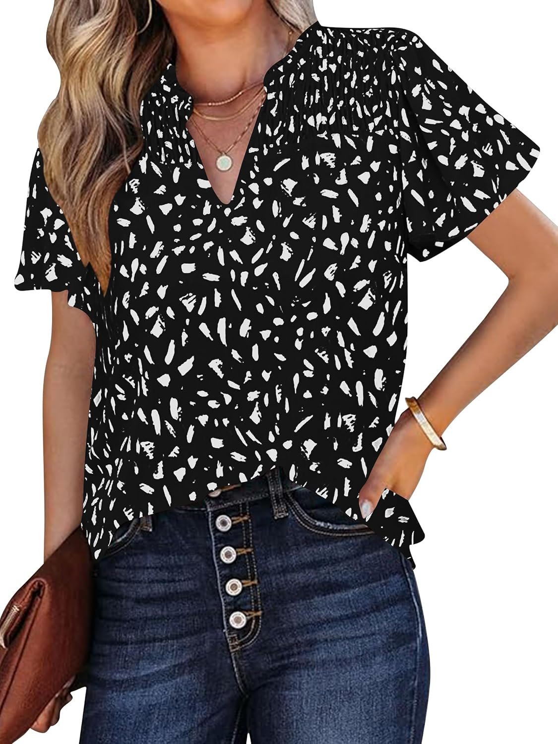 Poetsky Women’s Casual V Neck Floral Print Short Sleeve Chiffon Blouses Summer Bohemian Tops Shirts
