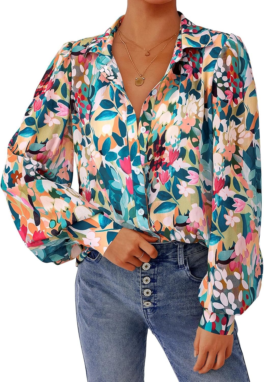 PRETTYGARDEN Womens Floral Blouses Dressy Casual Long Sleeve Fall Tops 2026 | V Neck, Button Down Shirts, Boho Chiffon Blouses, Business Casual Clothes, Vacation Teacher Outifts