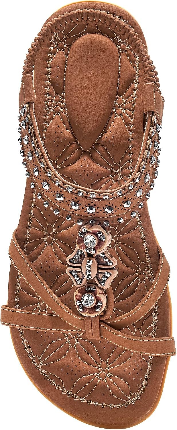 Alicegana Womens Sandals Shoes Comfort Walking with Non Slip on Casual Summer 2026 Shoes Dress Ankle Elastic Jeweled Bohemian Flats Vacation Wedding