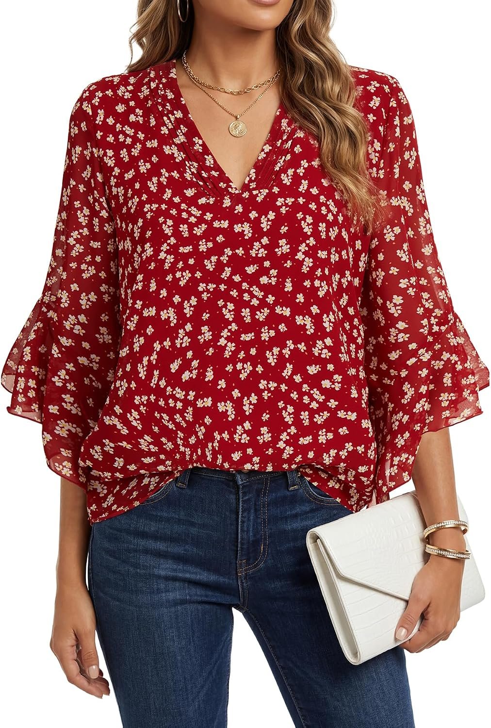 LYANER Women’s Chiffon Floral V Neck Ruffle 3/4 Sleeve Layered Dressy Casual Blouse Tops