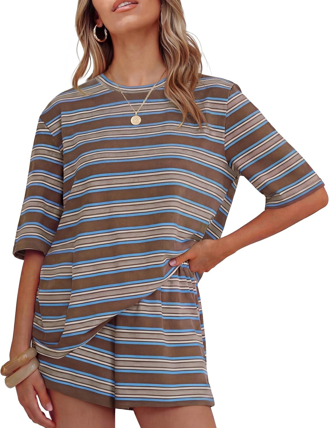 ZESICA Womens Summer 2 Piece Stripe Short Sets Lounge Workout Beach Outfits | Loose Fit, Cotton Blend Shirt & Shorts, Cute Casual & Comfy, Athleisure Airport Travel Vacation Clothes